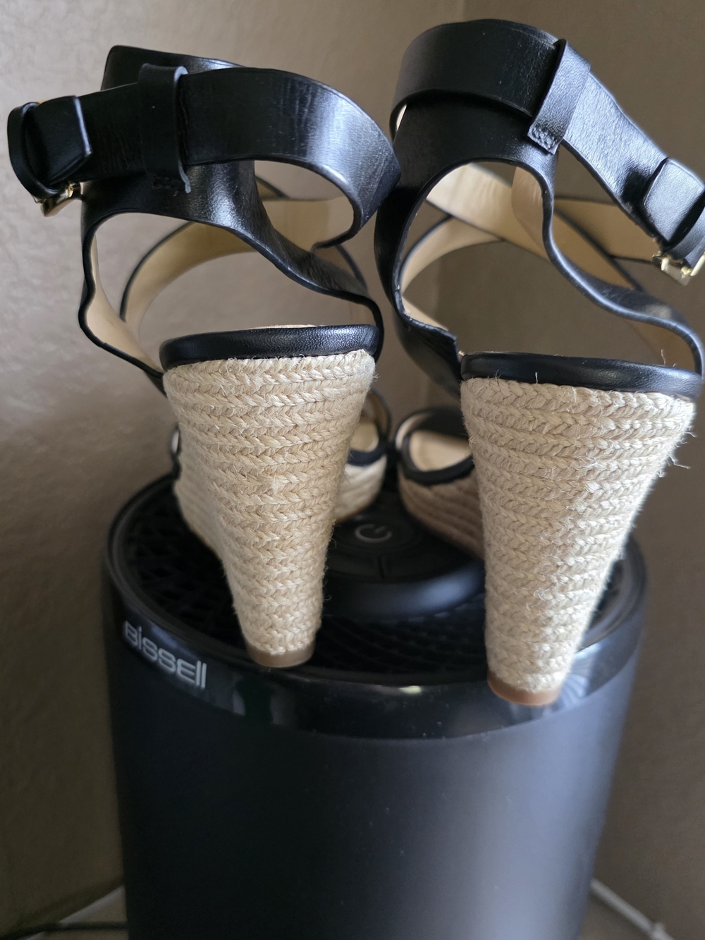 Michael Kors Black Crisscross Leather Wedge Sandals with Gold Buckles - Picture 4 of 5